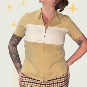 Saks Fifth Avenue Tan and Cream Zip Up Shirt